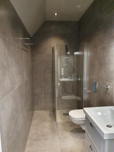 卑尔根Nygårdsgaten apartments的带淋浴、卫生间和盥洗盆的浴室