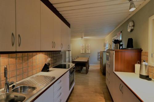 基律纳RIBO Apartment Aurora的厨房配有白色橱柜和一张桌子