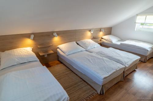 达布基Domki Letniskowe AlexJan的一间卧室,配有三张床