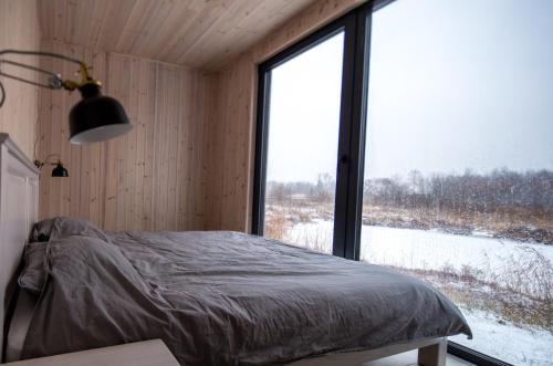 StragutėTAURO TROBA “The Ox Shelter”的一间卧室设有一张床和一个大窗户