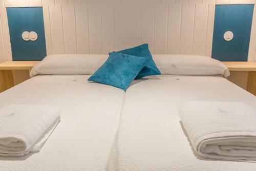 锡古恩萨Apartamento Imón en ElMolinoDeLaSal de Sigüenza的一张白色的床,上面有蓝色枕头