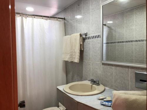 拉萨罗卡德纳斯Hotel Sol del Pacifico的一间带水槽、卫生间和镜子的浴室