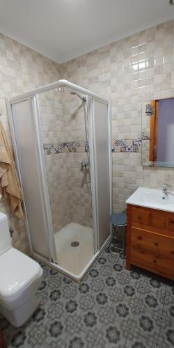 桑卢卡尔-德巴拉梅达Casas Turísticas Bajamar的带淋浴、卫生间和盥洗盆的浴室