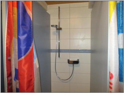德兰斯克DDR Villa Sachsenruh direkt am Strand的带淋浴的浴室,配有彩虹旗