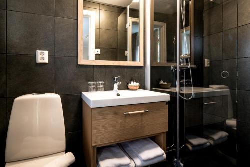 奥勒格兰恩酒店的一间带水槽、卫生间和镜子的浴室
