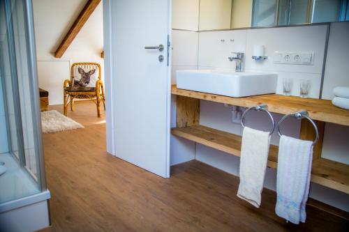 博尔斯特尔朗Landhaus Alpenflora的一间带水槽和镜子的浴室