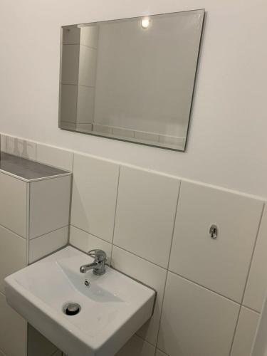 FrensdorfGroßes, modernes Apartment im Souterrain的白色的浴室设有水槽和镜子