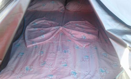 博尔什Camping Jungle in Borsh的粉红色的连衣裙,上面有花卉图案