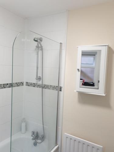 查塔姆Chatham Private Rooms的带淋浴、盥洗盆和镜子的浴室