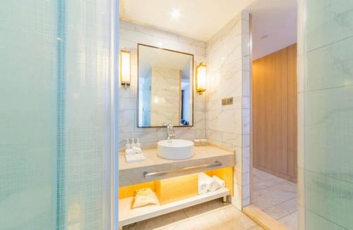 武汉武汉光谷科技会展中心酒店的一间带水槽、镜子和淋浴的浴室