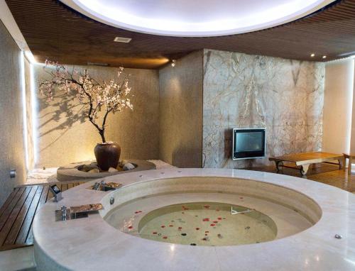 台中市欧游國国际连锁精品旅馆-台中馆的客房设有带花瓶的大浴缸和电视