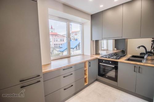 希奥利艾Jaukūs apartamentai-studija, centre的厨房配有白色橱柜、水槽和窗户。