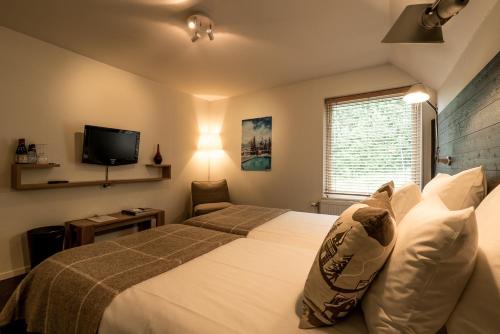 奥勒格兰恩酒店的一间酒店客房,配有一张床和一台电视