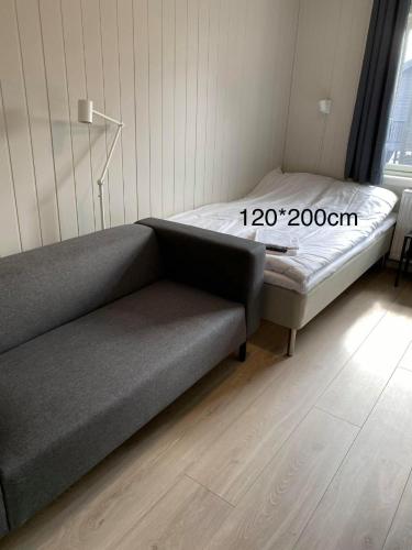 莫舍恩Mosjøen Overnatting, Finnskoggata 20的客房内的床和沙发