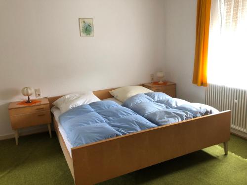 ÜbereisenbachSabine’s Gästehaus的卧室里一张带蓝色床单的床