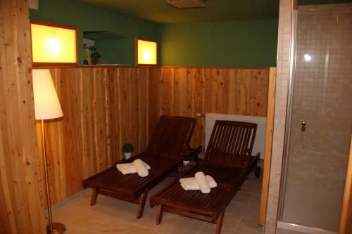马瑟尔贝格达海姆咖啡厅酒店的木墙间设有两张木椅