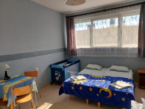 韦巴Ośrodek Wczasowo - Kolonijny Słoneczko的一间卧室配有一张床、一张桌子和一个窗户。