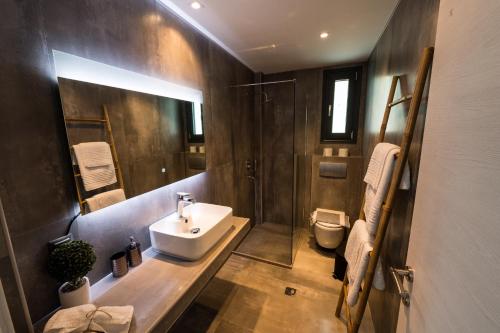 尼坡帝Villa Sunset Albatross的一间带水槽、淋浴和卫生间的浴室