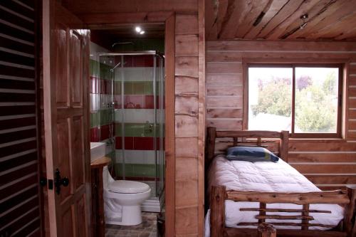 克利翁Hotel Mitos的浴室设有床、卫生间和窗户。