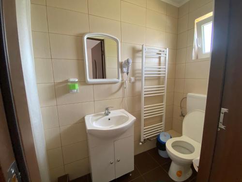 索瓦塔Casa Gabriela的一间带水槽、卫生间和镜子的浴室