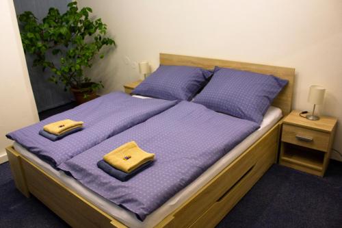 布拉格Blue apartment in beautiful English style garden with atmosphere的一间卧室配有一张带紫色床单和枕头的床。
