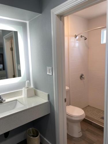 布雷亚丽晶汽车旅馆的一间带卫生间、水槽和镜子的浴室