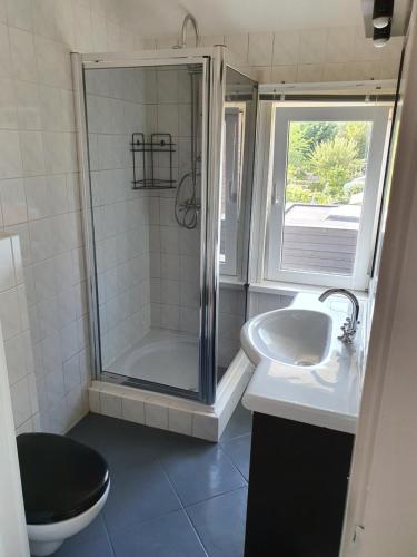 鹿特丹Single family home in Hillegersberg - Schiebroek的带淋浴、卫生间和盥洗盆的浴室