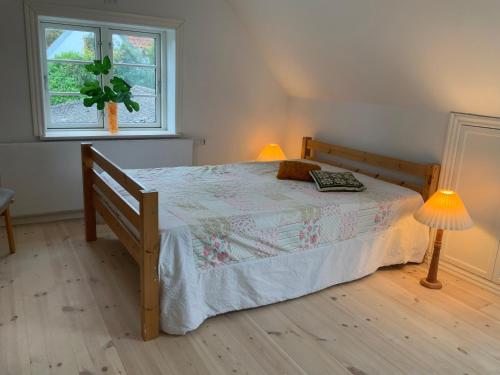 TranekærLohalshygge的一间卧室配有一张床、两盏灯和一个窗户。