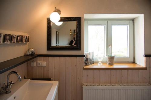 KohlbergGästehaus Kohlberg的一间带水槽和镜子的浴室以及窗户。