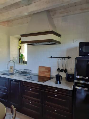 里瓦德塞利亚La Vierta Casa Rural Agroturismo的厨房配有水槽和炉灶 顶部烤箱