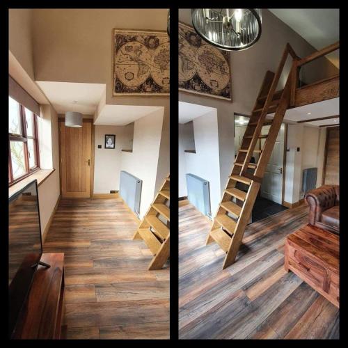 赫里福德Longland Guest House的房屋内有楼梯的房间的两张照片