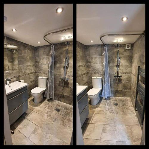 赫里福德Longland Guest House的浴室的两张照片,配有两个卫生间和一个水槽