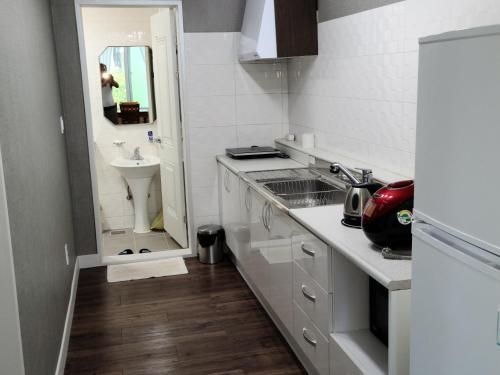南海郡圣达菲度假屋的白色的厨房设有水槽和卫生间