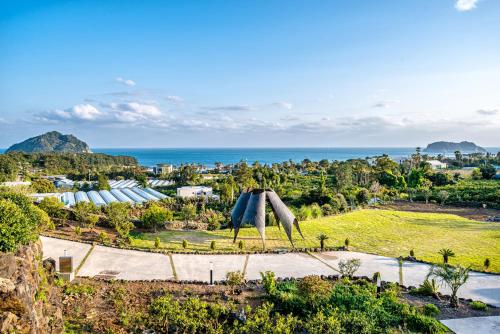 西归浦市Jeju Bom Museum stay的享有公园的空中景观,以海洋为背景