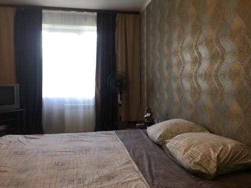 基辅Apartment on the Obolon的一间卧室配有带两个枕头的床和窗户
