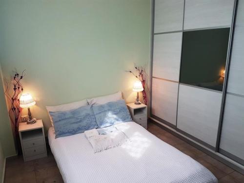 伊勒奥那斯Eleonas Farm House的一间卧室配有一张白色的床和两张带台灯的桌子。