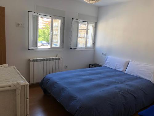 奥伦塞Polvorín的一间卧室设有蓝色的床和2个窗户。