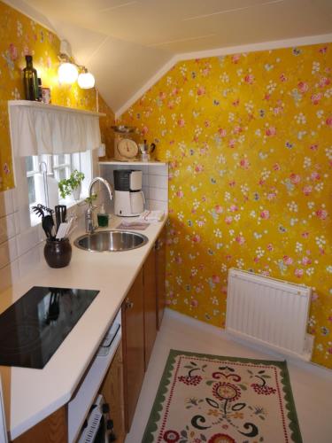恩厄尔霍尔姆Havsnära 1700-tals Timmerstuga的厨房设有水槽和黄色的墙壁