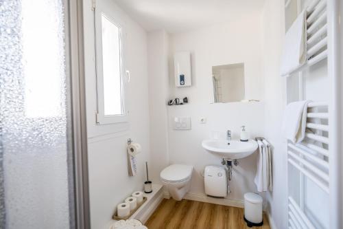 巴特布雷希格Pension Herheinspaziert的白色的浴室设有水槽和卫生间。