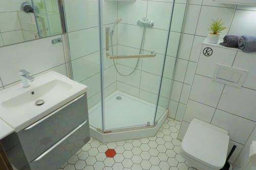 斯维诺乌伊希切Usedom-Apartment的带淋浴、卫生间和盥洗盆的浴室