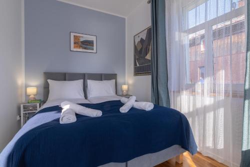 克罗奇琴科Kacwinówka的一间卧室配有蓝色的床和毛巾