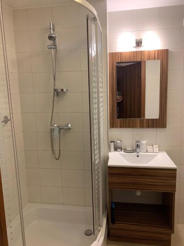 科沃布热格Apartament prywatny 418b w Arka Medical SPA的带淋浴和盥洗盆的浴室