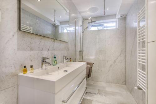 阿姆斯特丹Artis Plantage Apartment的白色的浴室设有水槽和淋浴。