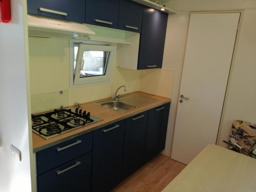 布莱德Samson mobile house的厨房配有蓝色橱柜、水槽和炉灶。