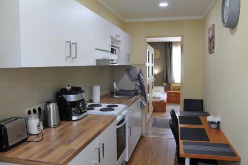 穆劳Kirschbaum Apartment的厨房配有白色橱柜和炉灶烤箱。