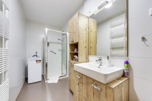 摩拉瓦托普利采J&M Spa Holiday Home Terme Vivat的白色的浴室设有水槽和淋浴。