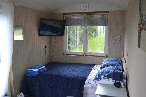 莫珀斯Peaceful Shepherd's Hut next to Horse Field的一间小卧室,配有床和窗户
