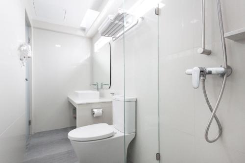 曼谷Samran Place Hotel的带淋浴、卫生间和盥洗盆的浴室