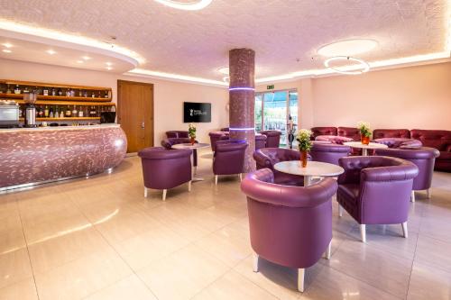 贝拉里亚-伊贾马里纳Hotel Castellucci的一间设有紫色桌椅的餐厅和一间酒吧
