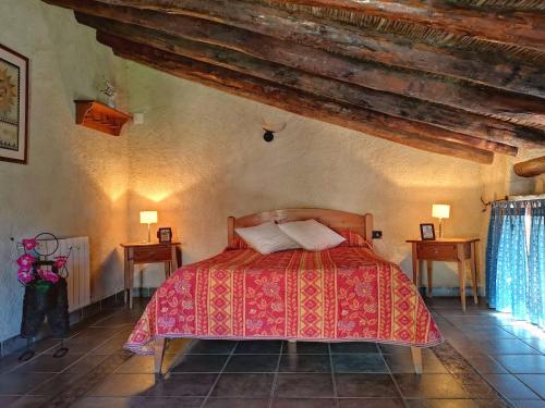艾纳Alojamiento Rural Casa Honda的一间带一张床的卧室,位于带木制天花板的房间内